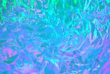 Abstract Holographic Background In 80s, 90s Style. Modern Pastel Green, Blue, Mint, Pink, Turquoise Metallic Psychedelic Holographic Foil Texture. Vaporwave, Psychedelic Retro Futurism, Syberpunk