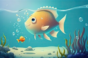 Wall Mural - Fish and a shell in the ocean. A pretty picture for the walls. Generative AI