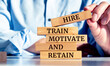 © Uuganbayar - Close up on businessman holding a wooden block with 'Hire, Train, Motivate and Retain' message