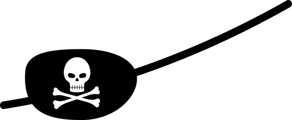 Pirate eye patch with skull and cross bones face bandage. Black silhiuette blindfold mask for corsair lost eye with jolly roger skeleton head and crossbones vector flat design illustration.