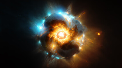 Fototapete - View of the birth of a star in space during a nebula explosion. Nuclear fusion of cosmic clouds of gas and dusts. Universe background. Generative ai