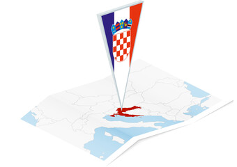 Sticker - Croatia map with triangular flag in Isometric style.