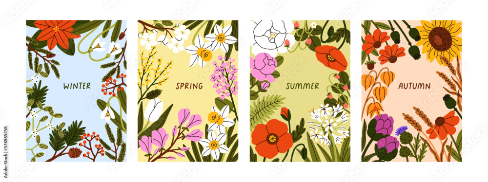 Flower posters for four seasons. Spring, summer, fall, autumn, winter ...