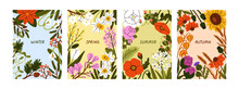 Flower Posters For Four Seasons. Spring, Summer, Fall, Autumn, Winter Cards Designs. Nature Seasonal Banners Set. Vertical Floral Backgrounds With Modern Botanical Frames. Flat Vector Illustrations