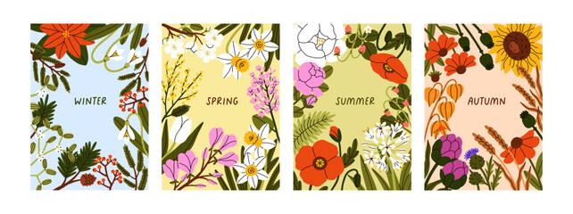 Wall Mural - Flower posters for four seasons. Spring, summer, fall, autumn, winter cards designs. Nature seasonal banners set. Vertical floral backgrounds with modern botanical frames. Flat vector illustrations