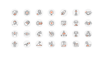 Core values icon set with the color. The modern symbol of company core values, vector line icons with editable stroke.