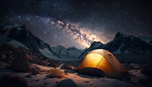 Camping In The Mountains Under The Stars. A Tent Pitched Under The Milky Way