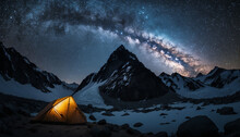 Camping In The Mountains Under The Stars. A Tent Pitched Under The Milky Way