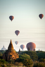 Hot Air Balloons Over The Temples Of Bagan, Myanmar.