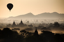 Hot Air Balloons Over The Temples Of Bagan, Myanmar.
