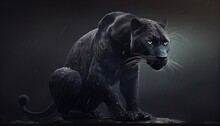Majestic Black Panther Hunting In The Rain. Photorealistic Generative Art