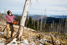 Man Cutting Down A Tree Trunk Of Dead Tree For Camping In Montana, Usa