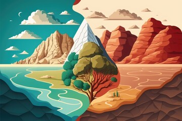 Wall Mural - Scenery consisting of mountains, a lake, and a parched desert. Concept of Worldwide Climate Change. Generative AI