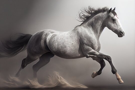 gorgeous horse galloping through the clouds of dust, stunning illustration generated by ai, is not b