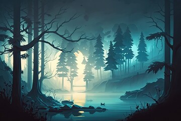 Wall Mural - scenic vista of a magical forest shrouded in fog and mist. Generative AI