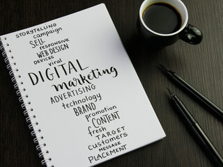 Canvas Print - DIGITAL MARKETING word cloud in notebook with cup of coffee and pens on black wooden desk