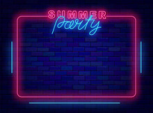 Summer Party Neon Frame. Season Event. Night Club Shiny Advertising. Pink Vintage Border. Vector Stock Illustration