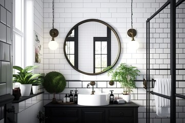 Poster - White subway tiles, a round mirror, and a black shower make for a classic look in this simple bathroom. Generative AI