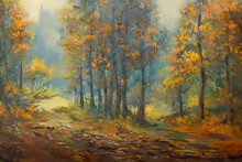 Autumn's Beauty In Oils: Vintage Painting Of A Colorful Fall Forest