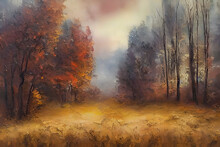 Painted Forest In Autumn: Vintage Oil Painting Of A Serene Woodland