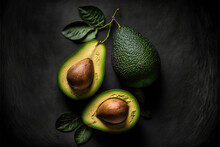 Fresh Avocados On Dark Background. Vegetarian Food And Healthy Life Style Concept. Ai Generated Art