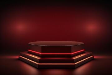 Wall Mural - Dark red stage podium 3d background product platform of empty scene presentation pedestal minimal showcase stand or abstract light show blank display and neon spotlight showroom, luxury style.