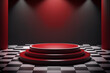 Dark red stage podium 3d background product platform of empty scene presentation pedestal minimal showcase stand or abstract light show blank display and neon spotlight showroom luxury style.