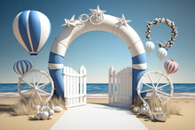 Generative AI Of Summer Holiday Concept With White Gate And Wooden Fence On The Beach