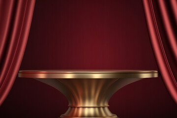 Wall Mural - 3D Shiny gold round steel podium stage with maroon red drape curtain in background for luxury beauty background for product display or advertisement.