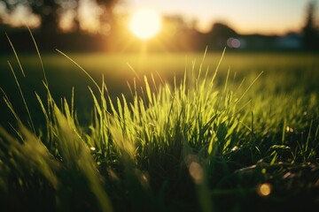 Wall Mural - Fields, lawns, and other grassy areas, out of focus, at sunset. Lens flare and warm tones in this photograph of grass. The idea of producing no net carbon emissions or being carbon neutral. Generative