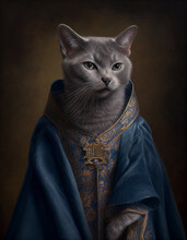 Royal Portrait Painting Of A Russian Blue Cat Dressed Like A British King | Generative AI