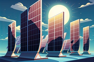 Wall Mural - Vertically oriented solar cells, solar modules, or solar panels in a solar power plant face the sky in order to collect rays from the sun and convert them into electricity. Generative AI