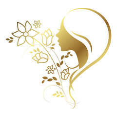 Wall Mural - Profile of a girls head with a hairstyle and beautiful flowers. Unique design for beauty salon and stylist