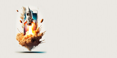 Space rocket launch from smartphone screen on white background with copy space, banner. Generative AI