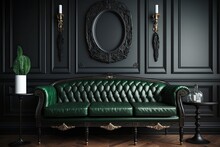 Elegant Vintage Lounge With Dark Wood Paneling, A Mirror, And A Classic Green Leather Sofa From The 1940s. Generative AI