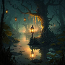 Mysterious Lanterns In The Swamp. High Quality Illustration