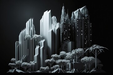 Wall Mural - Organic high rises and other buildings in a futuristic cityscape, isolated on a black background; the source file's working directory is included. Generative AI