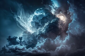 Wall Mural - Heavy gloomy dull thunderclouds. Dark teal dramatic night sky. Storm. Toned cloudy sky background with space for design. Web banner. Website header. Moonligh