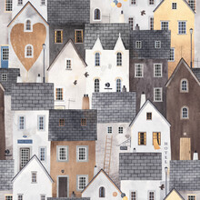 Abstract Seamless Pattern With Houses. Watercolor Background. Perfect For Fabric, Textile, Wallpaper, Kindergarten. Old City.