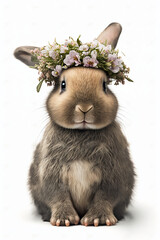 Wall Mural - Cute baby easter rabbit bunny with crown made of many flowers. Isolated on white background. Generative AI