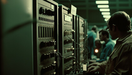 Data Center, A dimly lit room filled with rows of dusty, aging computers that hum and whir with an occasional clunk Generative AI