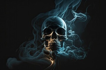 Wall Mural - high contrast image of a spooky skull emerging from a plume of smoke. generative ai