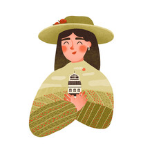 Illustration Of Girl In Hand Drawn Style. Woman In Hat And Sweater That Depicts Blooming Fields, Flowers, Plants And House. Print For Card, Postcard, Poster, Merch, Banner. Spring Time Coming.