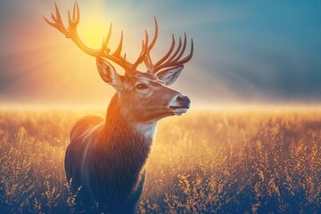 Poster - Golden rays of sunshine on a lovely deer in a grassy meadow. Generative AI