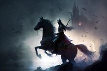 Medieval Woman On A Horse In Front Of A Dark Fantasy Castle. Created With Generative AI