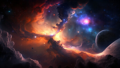 Wall Mural - Interstellar nebula with stars and planets. Perfect wallpaper, poster created with generative AI