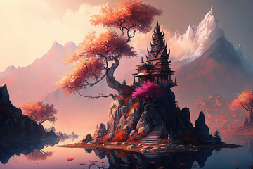 Wall Mural - Blissful Shangri-La: A Heavenly Illustration Generative AI