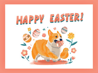 Red dog Corgi Pembroke carries an egg in its mouth. Easter greeting card in handwritten style. Happy easter template with pink, orange rustic floral eggs. Vector illustration