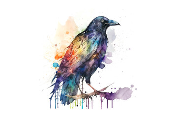 Canvas Print - Raven drawn with multi-colored watercolors isolated on a white background. Generated by AI