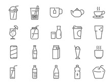 Drink And Beverage Icon Set. It Included Icons Such As water, Soda, Tea, Coffee, Juice, Mineral Water, And More.